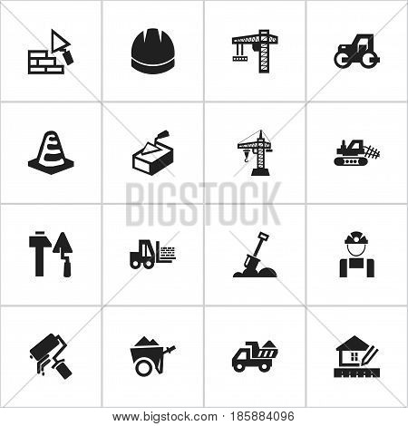 Set Of 16 Editable Construction Icons. Includes Symbols Such As Construction Tools, Home Scheduling, Mule And More. Can Be Used For Web, Mobile, UI And Infographic Design.