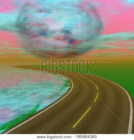 Landscape with road and alien celestial body approaching the Earth. Landscape with highway, dramatic sky and abstract planet. 3d illustration