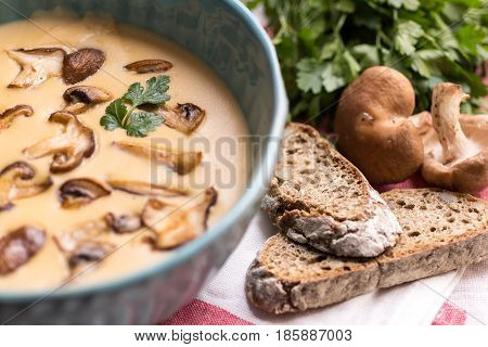 Creamy Mushroom Soup In Bowl On Stone Background. Homemade Mushrooms Pottage Puree.