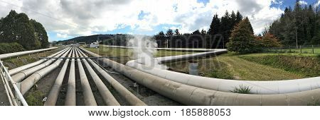 TAUPO NZL - APR 26 2017: Panoramic landscape view of Wairakei geothermal power station near Taupo New Zealand. Built in 1958 and it was the first wet steam power station in the world.