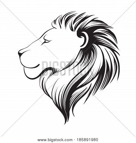 Isolated lions head stylized line. Linear art vector illustration logo. Lion's profile. Stylized face of lion isolated on white background.