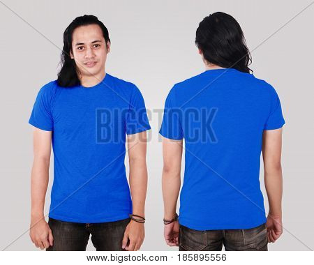 Photo image of an Asian Model smiling and showing blank blue T-Shirt front and rear view shirt template