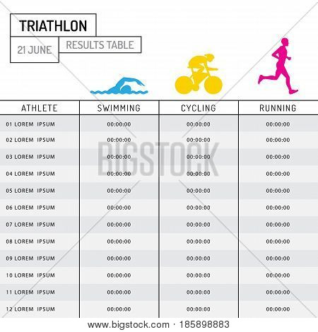 Vector table with the results of the participants of the triathlon, mark finishing time athletes.