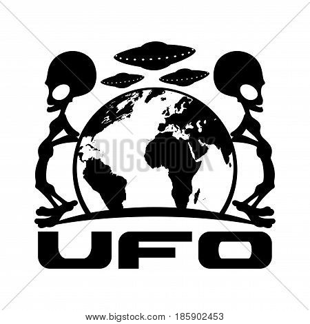 UFO sign with aliens on a white background.