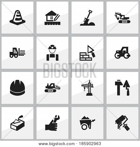 Set Of 16 Editable Construction Icons. Includes Symbols Such As Home Scheduling, Notice Object, Elevator And More. Can Be Used For Web, Mobile, UI And Infographic Design.