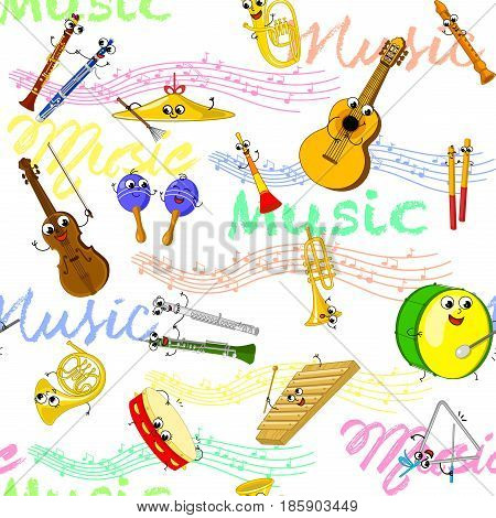 Cartoon music instruments and notes. Vector seamless patter for kids.