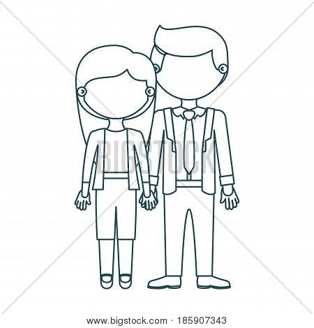 blue contour faceless couple woman with long hair with man in formal style and taken hands vector illustration