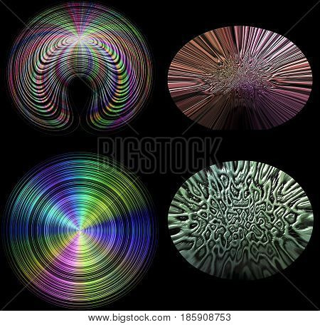 Abstract objects with spectral rays. Blue, red, green, gold and purple glowing disc-shaped objects on a black background. 3d rendering