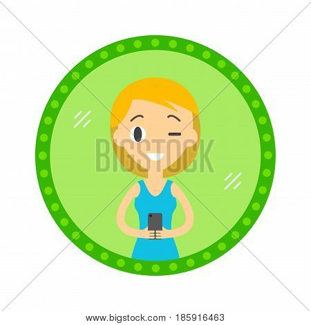 Hipster style woman or girl take a selfie in the mirror. Vector flat design illustration in the circle isolated on background.