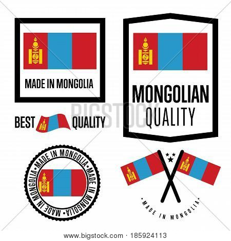 Mongolia quality isolated label set for goods. Exporting stamp with mongolian flag, nation manufacturer certificate element, country product vector emblem. Made in Mongolia badge collection.