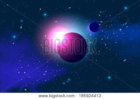 Vector Cosmology Illustration with Universe, Galaxy, Sun, Planets and Stars. Can be used for Invitation or Booklet. Futuristic view with Depth and Space Background