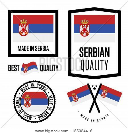Serbia quality isolated label set for goods. Exporting stamp with serbian flag, nation manufacturer certificate element, country product vector emblem. Made in Serbia badge collection.
