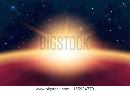 Vector Cosmology Illustration with Universe, Galaxy, Sun, Planets and Stars. Can be used for Invitation or Booklet. Futuristic view with Depth and Space Background