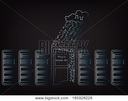 server room with semi-open door to data access and cloud with binary code rain, concept of keeping your files safe (vecto illustration on mesh background)