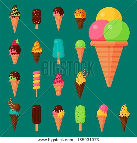 Sweet cartoon cold ice cream set and tasty frozen icecream collection vector delicious colorful desserts. Chocolate and milk party wafer dairy product sugar scoop vanilla tasty fruit topping.