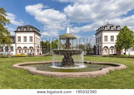 View To Fountain In Front Of Castle Phillipsruhe In Hanau