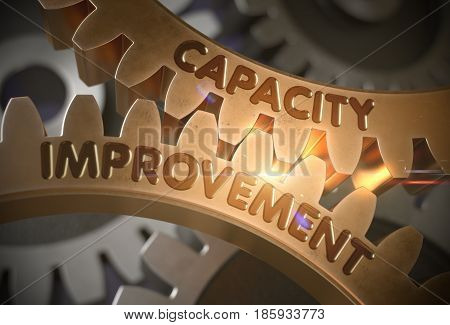 Capacity Improvement on the Mechanism of Golden Metallic Cogwheels with Glow Effect. Golden Cogwheels with Capacity Improvement Concept. 3D Rendering.