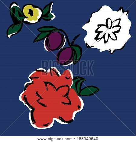 Plums roses cowslip leaves hand drawn pattern on blue background. Abstract design for fabrics clothes.
