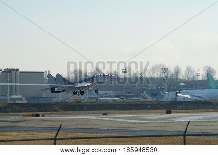 EVERETT, WASHINGTON, USA - JAN 26th, 2017: A brand new Ryanair Boeing 737-800 Next Gen MSN 44766, Registration EI-FTP returns from a successful test flight, landing at Snohomish County Airport or Paine Field.