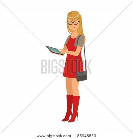 Blonde girl in red dress holding a tablet in her hands. Colorful cartoon illustration isolated on a white background