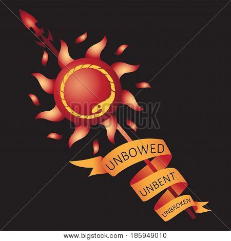 Sun, spear and ribbon. Decals, emblems. The background is black. Vector image. Print design on fabric, paper.