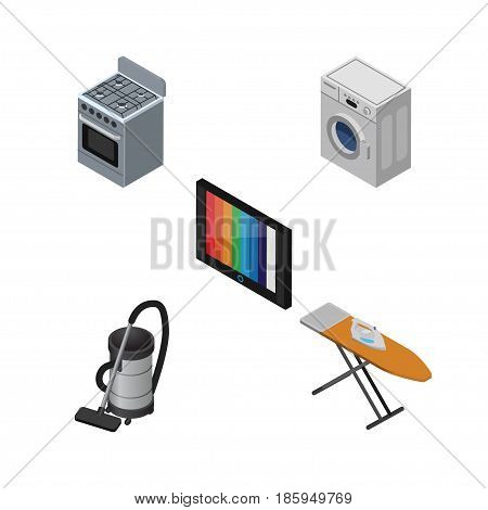 Isometric Appliance Set Of Stove, Television, Vac And Other Vector Objects. Also Includes Tv, Cleaner, Kitchen Elements.