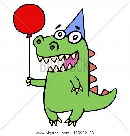 Happy birthday greeting dragon. Vector illustration. Cute kind cartoon character.