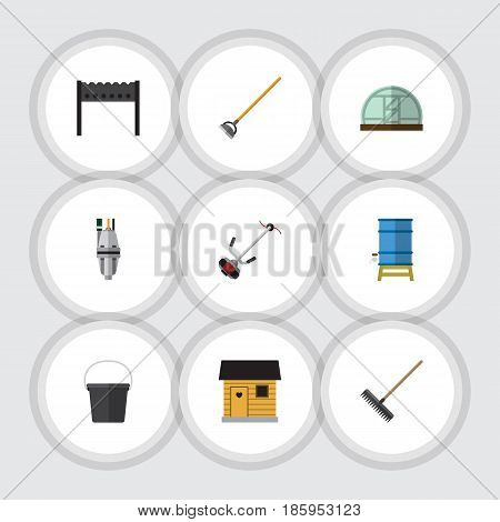 Flat Dacha Set Of Stabling, Container, Barbecue And Other Vector Objects. Also Includes Barbecue, Gardening, Hothouse Elements.