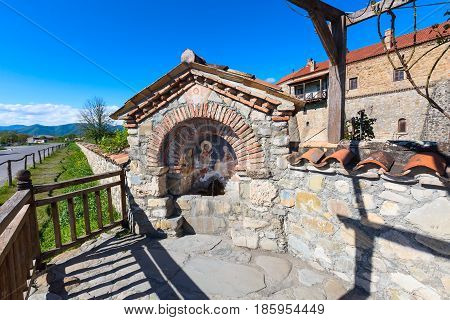 Water spring at Alaverdi orthodox monastery in Kakhetia region in Eastern Georgia