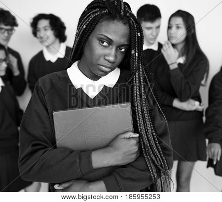 Depressed outsider student torturing from racist school bullying