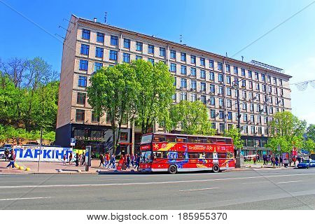 KYIV, UKRAINE - MAY 01, 2017: Kyiv Bus Touristic on Khreschatik street. Double decker city sightseeng bus