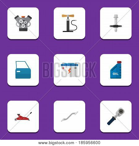 Flat Workshop Set Of Wheel Pump, Coupler, Petrol And Other Vector Objects. Also Includes Joint, Spherical, Car Elements.