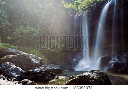Long exposure image of Phnom Kulen waterfall in Kulen National Park, Siem Reap Province, Cambodia