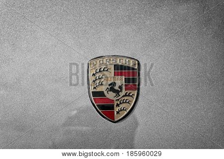 PAAREN IM GLIEN GERMANY - MAY 19: The emblem of the sports car Porsche 928 "The oldtimer show" in MAFZ May 19 2013 in Paaren im Glien Germany