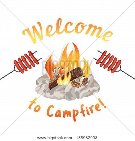 Campfire icon isolated on white. Freehand drawn cartoon style. Fancy letters of welcome invitation. Grilled smoked sausages. Base camp fire rocks ring. Outdoor camping advertising banner background