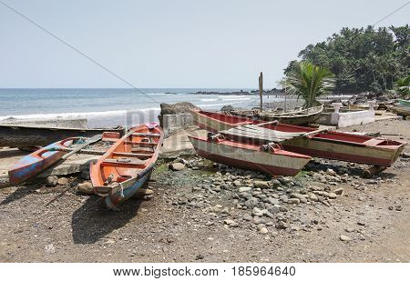 Hooker on the seaside of the village Ribeira Afonso, Sao Tome and Principe, Africa