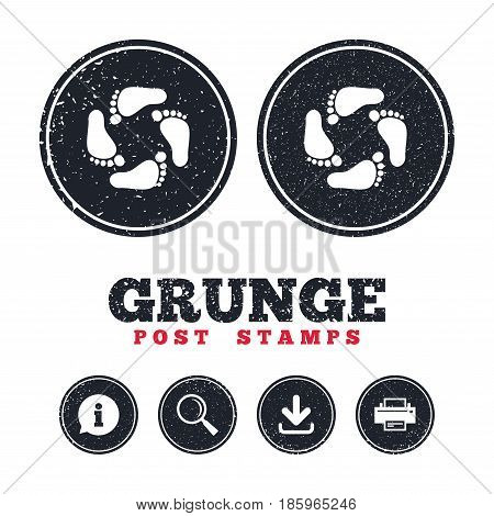 Grunge post stamps. Baby footprints icon. Child barefoot steps. Toddler feet symbol. Information, download and printer signs. Aged texture web buttons. Vector