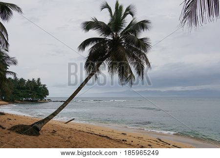 Praia Inhame on an overcast and rainy day, Sao Tome and Principe, Africa