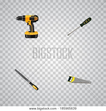 Realistic Hacksaw, Carpenter, Electric Screwdriver And Other Vector Elements. Set Of Construction Realistic Symbols Also Includes Emery, Appliance, Electric Screwdriver Objects.