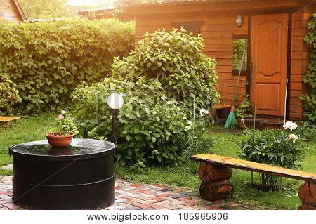 Part Of Formal Garden With Shed Bench Barbeque Place Summer Photo