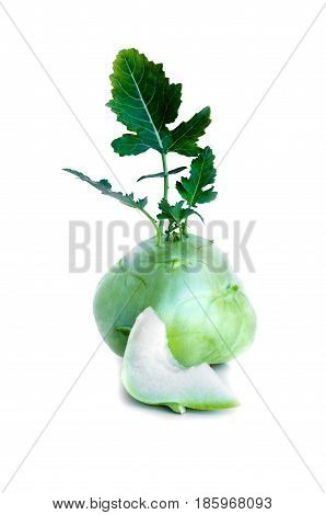 Fresh Kohlrabi With A Bited Piece And Green Leaves On Isolated White Backround