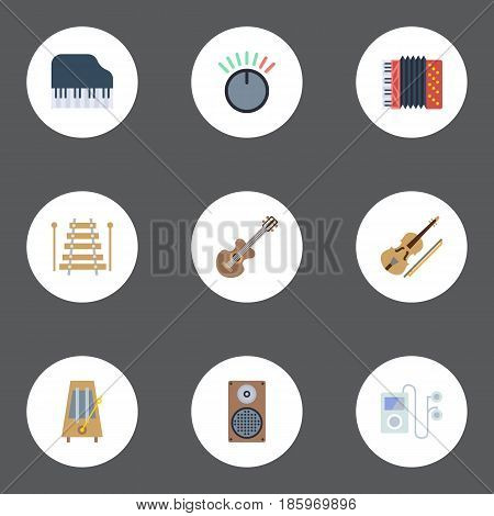 Flat Mp3 Player, Octave Keyboard, Rhythm Motion And Other Vector Elements. Set Of Melody Flat Symbols Also Includes Musical, Box, Mp3 Objects.
