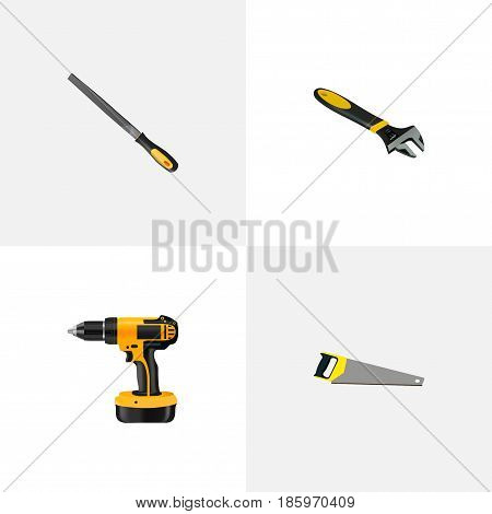 Realistic Sharpener, Wrench, Hacksaw And Other Vector Elements. Set Of Kit Realistic Symbols Also Includes Hacksaw, Emery, Spanner Objects.