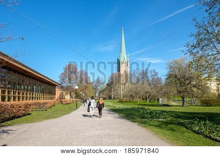 LINKOPING, SWEDEN - MAY 2, 2017: Linkoping cathedral on  a sunny spring day. The cathedral is about 800 years old.