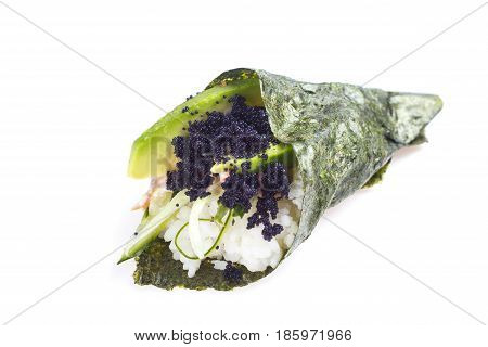 Hand Roll With Eel, Ginger Sauce, Flying Fish Roe, Avocado And Cucumber