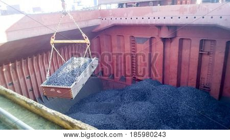 The Cargo Compartment Of The Ship, Filled With Coal. Loading Of