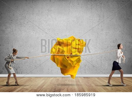 Two businesswomen playing tag of war game