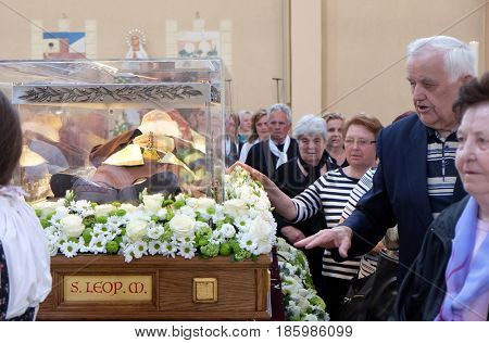 ZAGREB, CROATIA - APRIL 16: Worshippers gather to look at the relics of St. Leopold Mandic in the parish Church of Saint Leopold Mandic, Zagreb, Croatia on April 16, 2016.