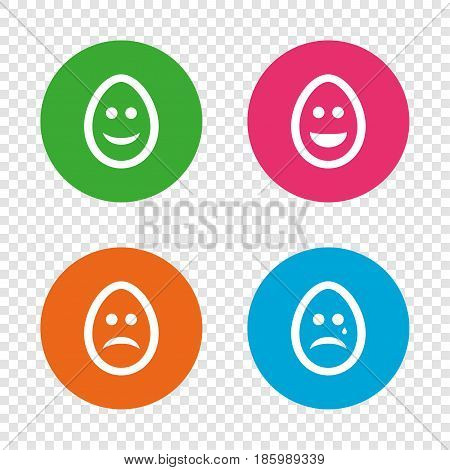Eggs happy and sad faces icons. Crying smiley with tear symbols. Tradition Easter Pasch signs. Round buttons on transparent background. Vector