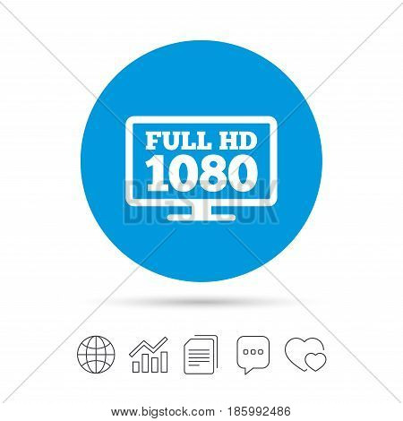 Full hd widescreen tv sign icon. 1080p symbol. Copy files, chat speech bubble and chart web icons. Vector